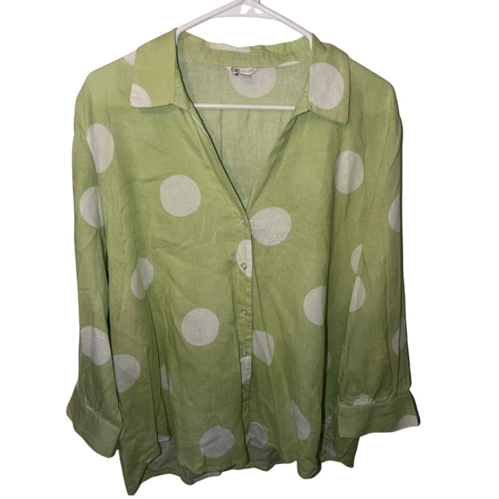 Womens XL Green Polka Dot Button Front Linen Blend Blouse Long Sleeve Top